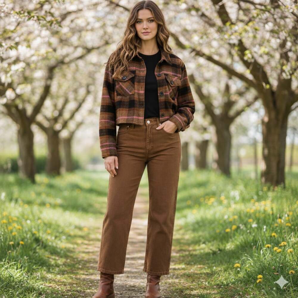 NEW BB Dakota Steve Madden Women's Chocolate Brown Button Boxy Jacket Plaid M